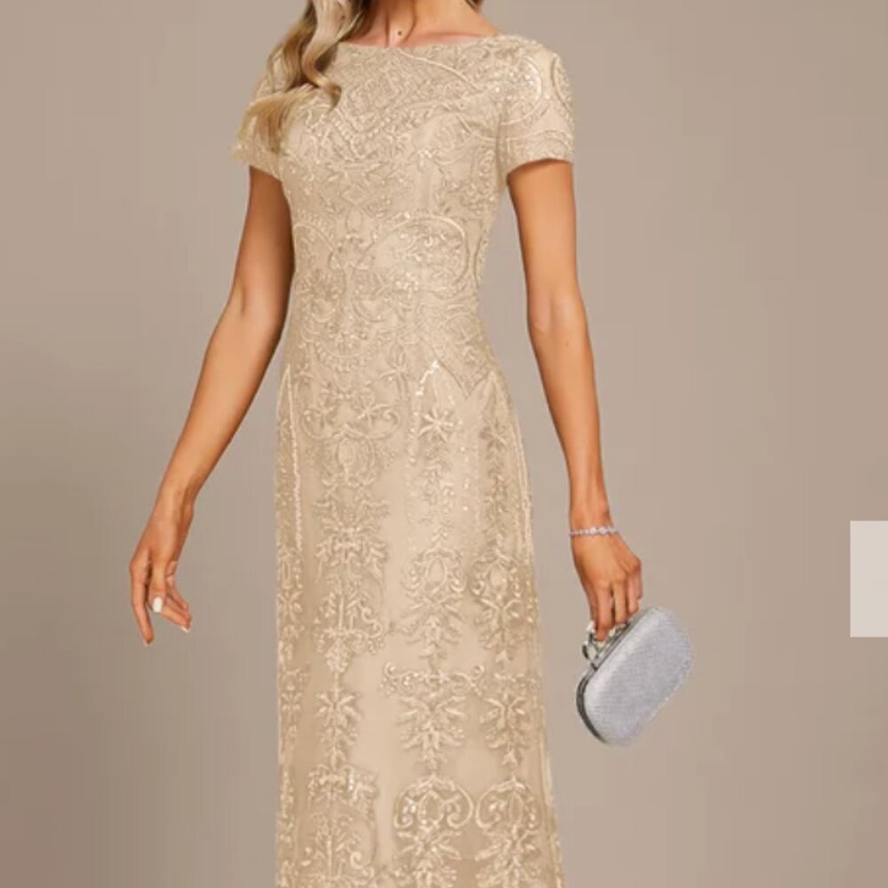 JJ House Champagne A-line Boat Neck Ankle-Length Lace Evening Dress NWT